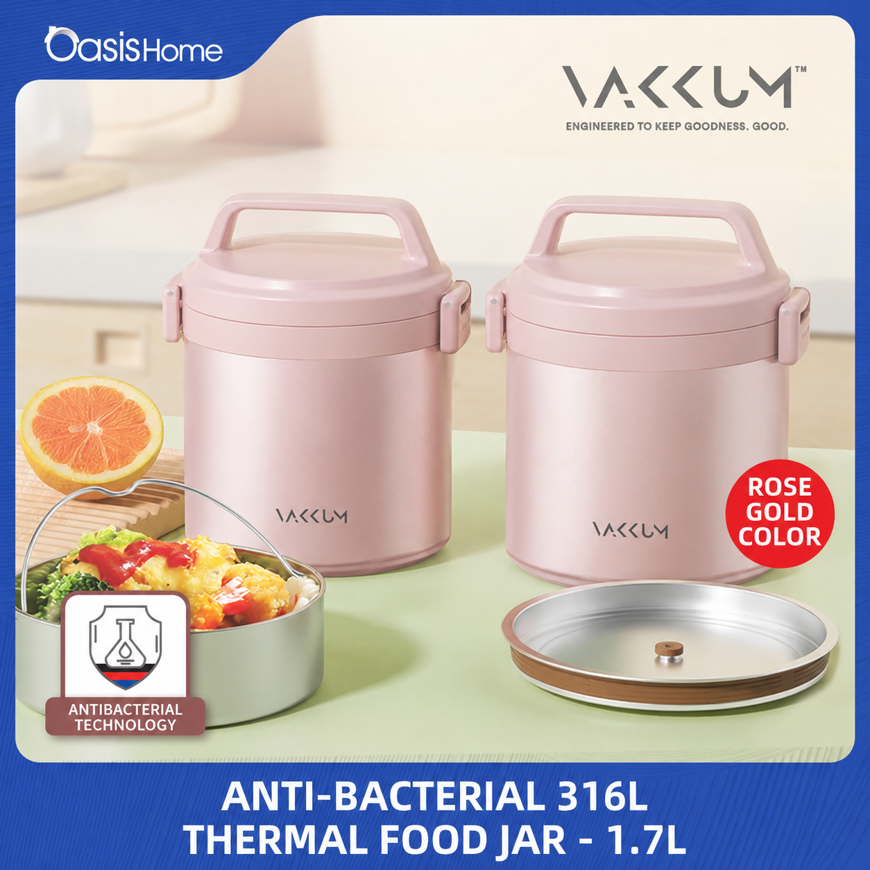 Vakkum Anti-Bacterial Stainless Steel 316 Thermal Food Jar 1.7L (Rose Gold)