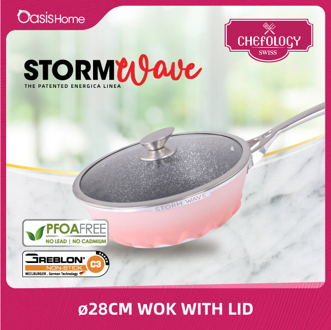 Chefology Swiss Stormwave 28cm Wok With Glass Lid (Peach Pink)