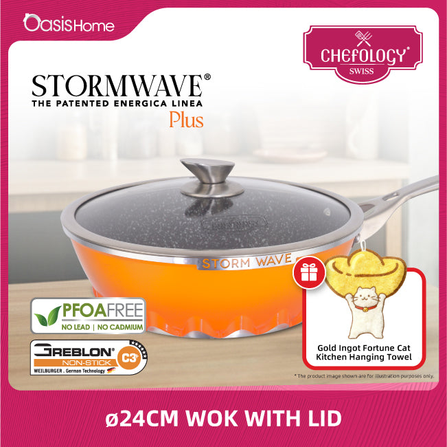 Chefology Swiss Stormwave Plus 24cm Wok With Glass Lid (Sunset Orange)
