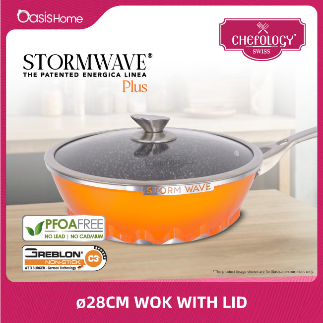 Chefology Swiss Stormwave Plus 28cm Wok With Glass Lid (Sunset Orange)