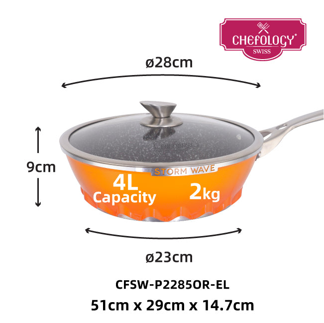 Chefology Swiss Stormwave Plus 28cm Wok With Glass Lid (Sunset Orange)