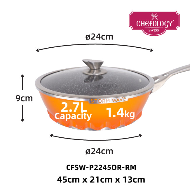 Chefology Swiss Stormwave Plus 24cm Wok With Glass Lid (Sunset Orange)