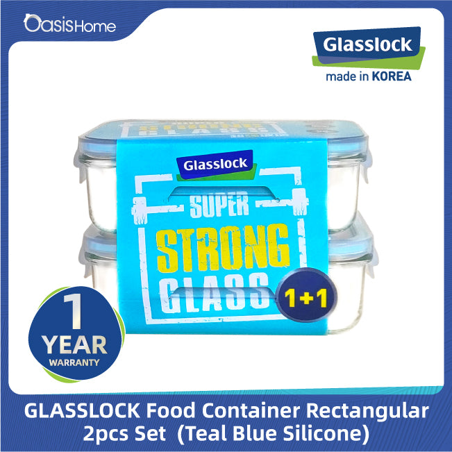 Glasslock Rectangular Microwave Safe Food Container 1000ml x2pcs (Teal Blue Silicone Lid)