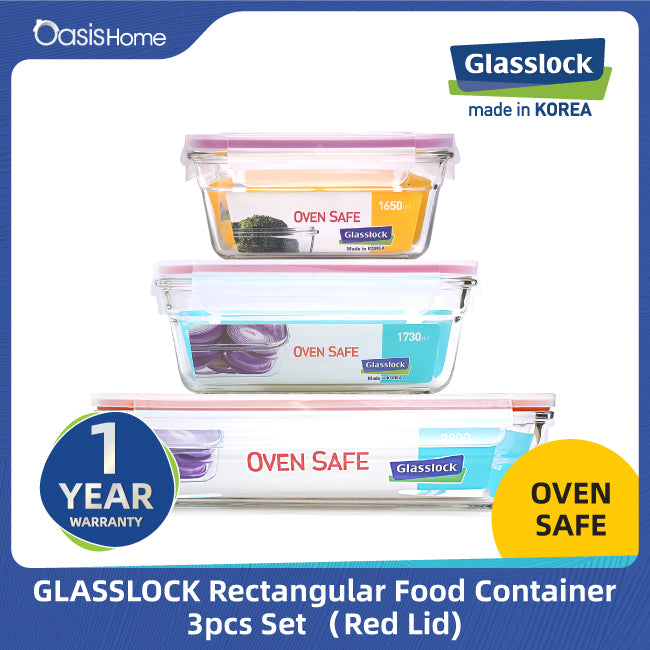 Glasslock Rectangular Oven Safe Food Container 3pcs Set (Red Lid)