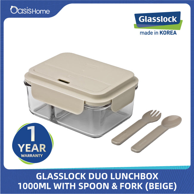 Glasslock Duo Lunchbox 1000ml with Spoon & Fork (Beige)