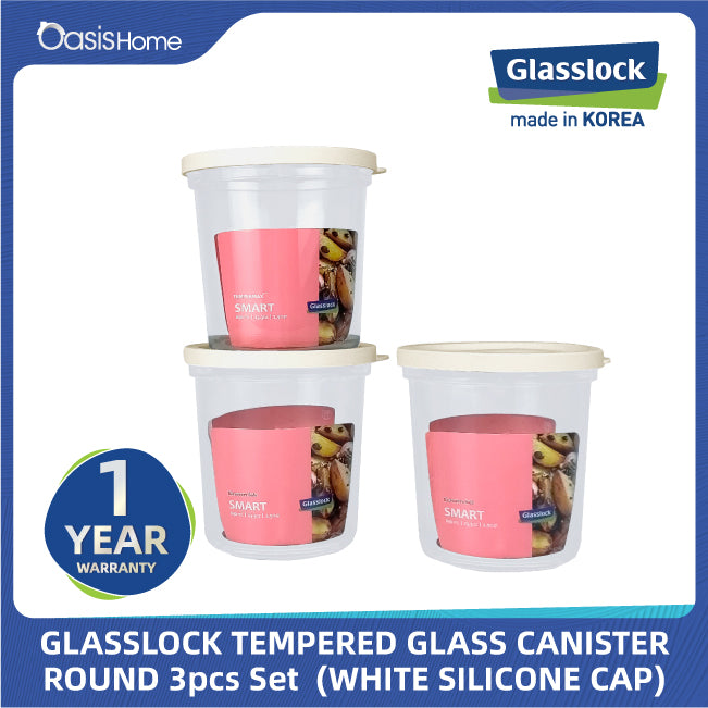 Glasslock Round Microwave Safe Tempered Glass Canister 690ml 3pcs Set (White Silicone Cap)