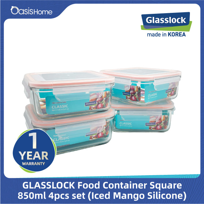 Glasslock Square Microwave Safe Food Container 850ml 4pcs Set (Iced Mango Silicone Lid)
