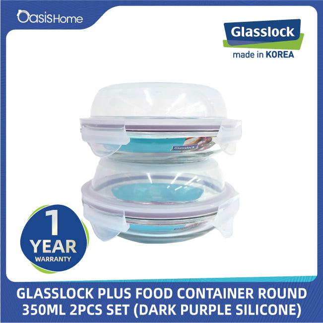 Glasslock Plus Round Microwave Safe Food Container 350ml 2pcs Set (Dark Purple Silicone)