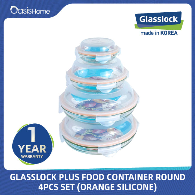 Glasslock Plus Round Microwave Safe Food Container 4pcs Set (Orange Silicone)