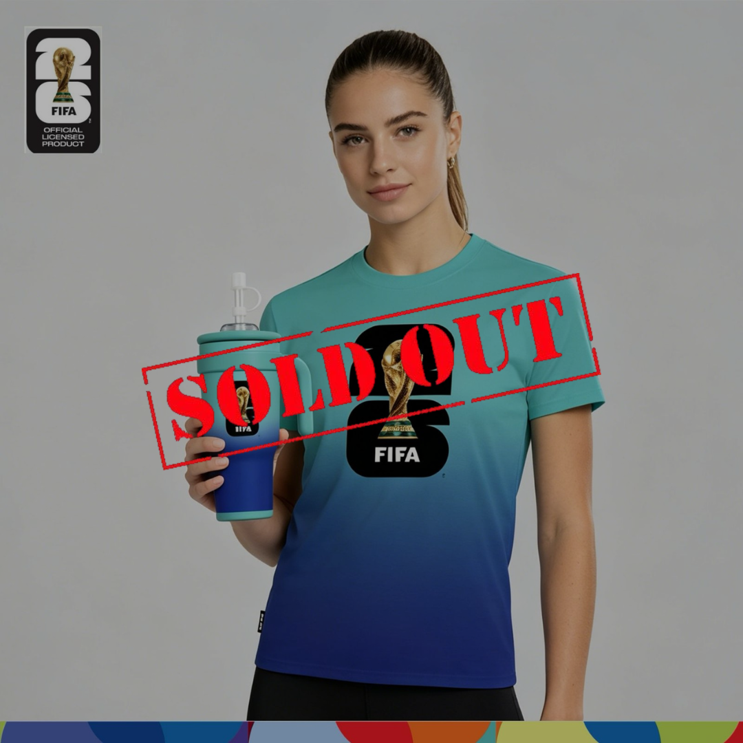 FIFA World Cup 2026™ Unisex Dry-Fit Jersey Turquoise-Blue Gradient + FIFA World Cup 2026™ Double Wall Vacuum Tumbler 900ml (Mint Green & Blue)
