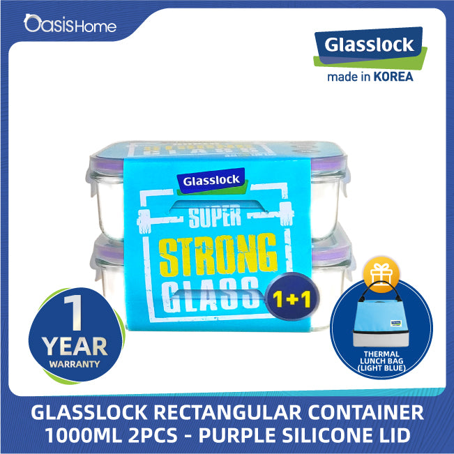 Glasslock Classic Basic Type Rectangular Container 1000ml x2pcs (Purple Silicone Lid) Free Glasslock Double Layer Thermal Lunch Bag (Light Blue)