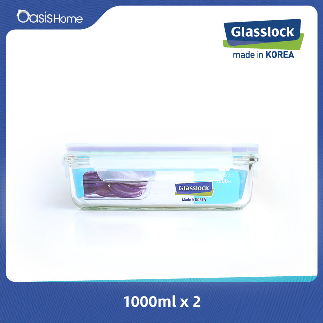 Glasslock Classic Basic Type Rectangular Container 1000ml x2pcs (Purple Silicone Lid) Free Glasslock Double Layer Thermal Lunch Bag (Light Blue)
