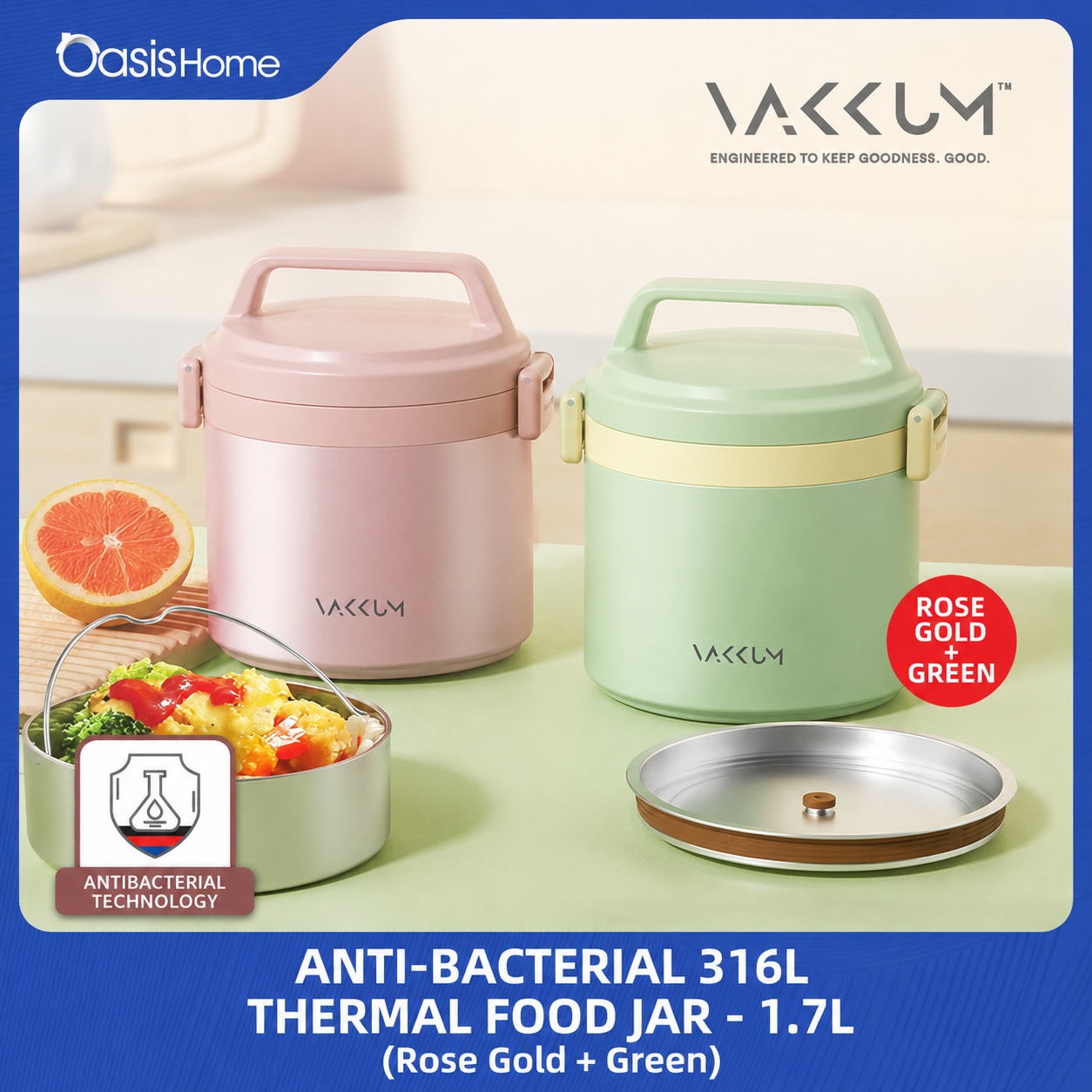 Vakkum Anti-Bacterial Stainless Steel 316 Thermal Food Jar 1.7L (Rose Gold + Green)