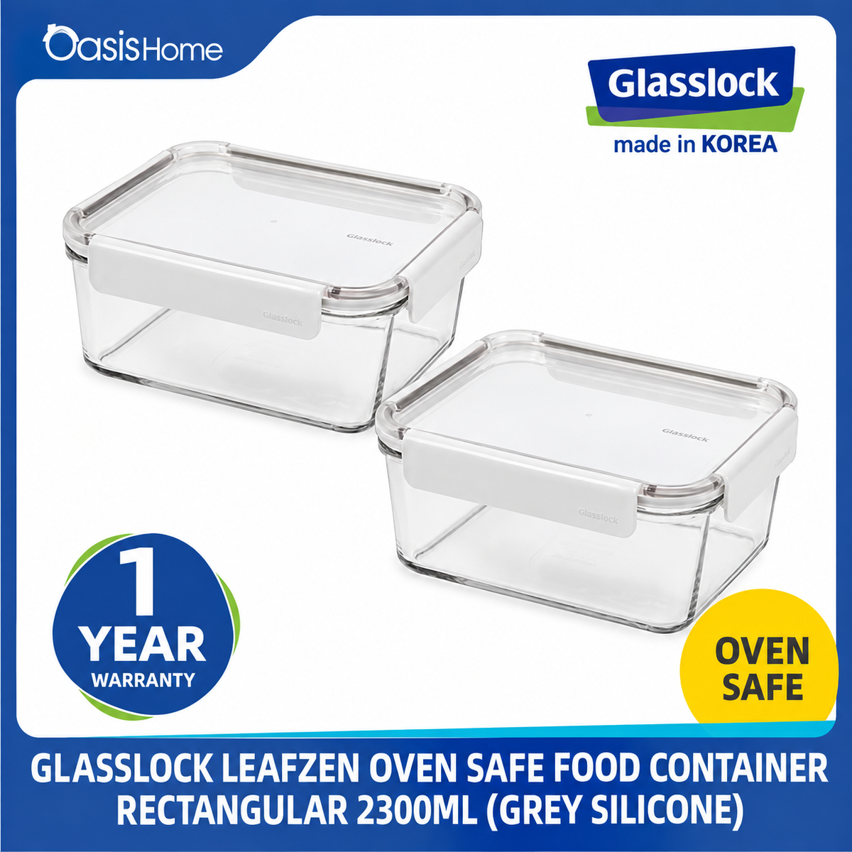 Glasslock Leafzen Rectangular Oven Safe Food Container 2300ml (Grey Silicone)