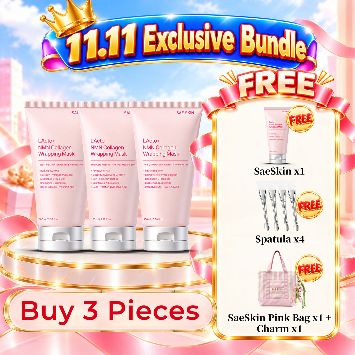 Sae Skin Lacto+ NMN Collagen Wrapping Mask 11.11 Exclusive Bundle (3 Units Free 1 Unit, Silicone Mask Spatula & Sae Skin Pink Bag + Charm)