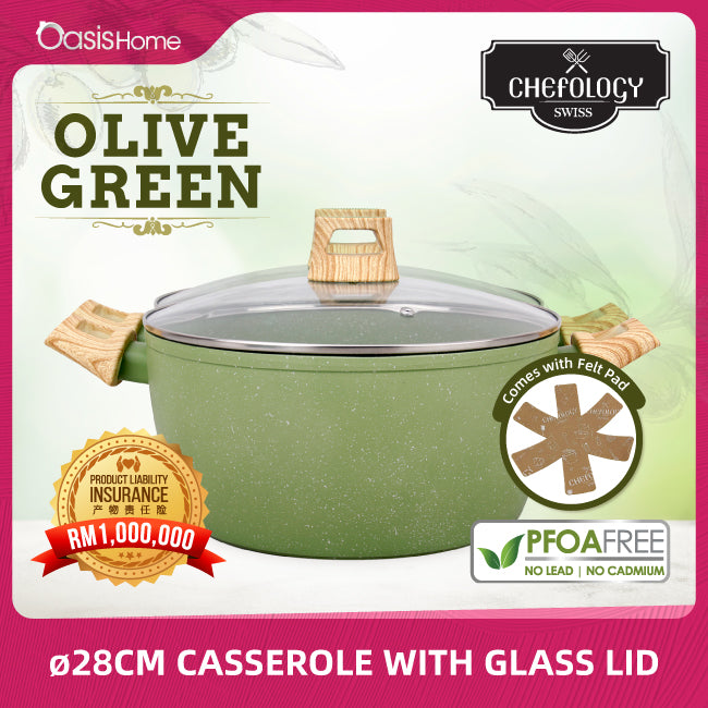 Chefology Olive Green 28cm Casserole with Lid Free Felt Pad