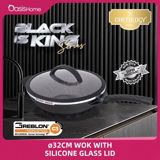 Chefology Swiss Stormwave 32cm Wok Black With Silicone Glass Lid