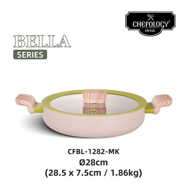 Chefology Bella 28cm Shallow Pot with Glass Lid Free Cleaning Sponge