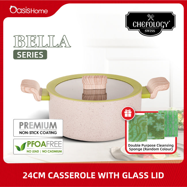 Chefology Bella 24cm Casserole with Glass Lid Free Cleaning Sponge