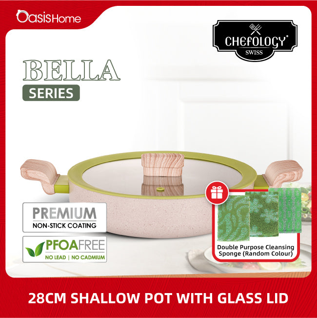 Chefology Bella 28cm Shallow Pot with Glass Lid Free Cleaning Sponge