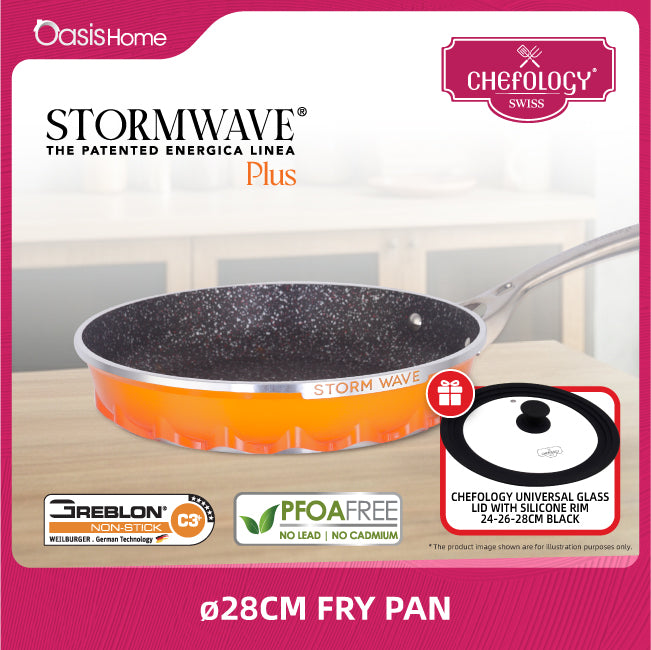 Chefology Swiss Stormwave Plus 28cm Frypan (Sunset Orange) Free Chefology Universal Glass Lid (24cm, 26cm, 28cm)