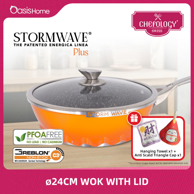 Chefology Swiss Stormwave Plus 24cm Wok With Glass Lid (Sunset Orange) Free Fortune Cat Heat Insulation Cap & Wealthy Kitchen Hanging Towel