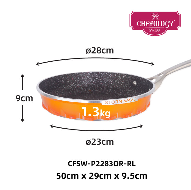 Chefology Swiss Stormwave Plus 28cm Frypan (Sunset Orange) Free Chefology Universal Glass Lid (24cm, 26cm, 28cm)