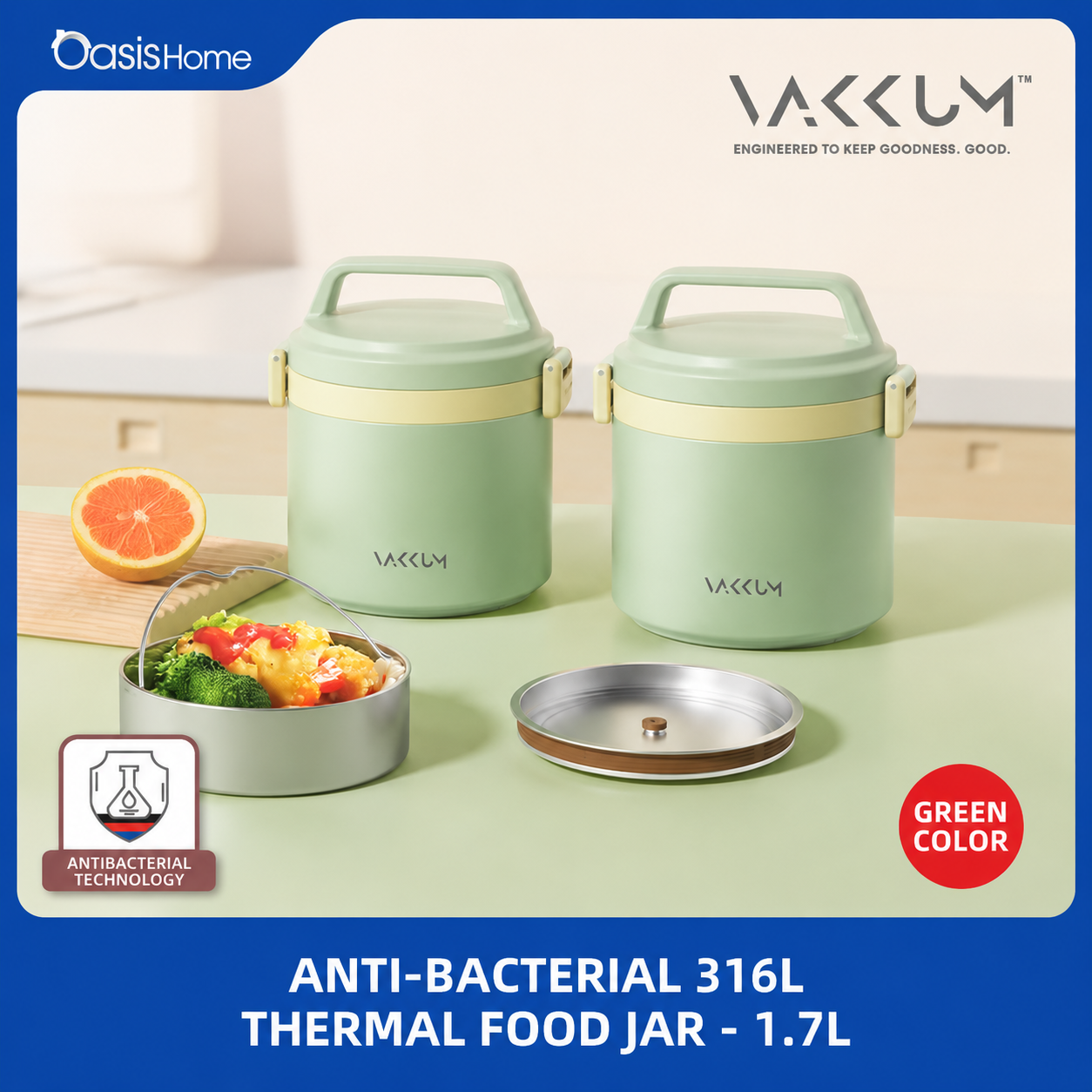 Vakkum Anti-Bacterial Stainless Steel 316 Thermal Food Jar 1.7L  (Green)