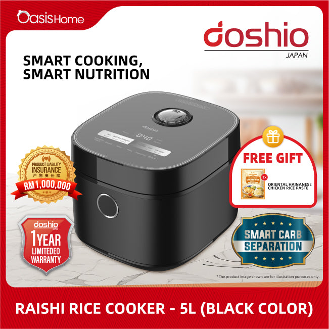Doshio Raishi Rice Cooker 5L (Black) Free Oriental Hainanese Chicken Rice Paste & Oasis Home Non Woven Bag