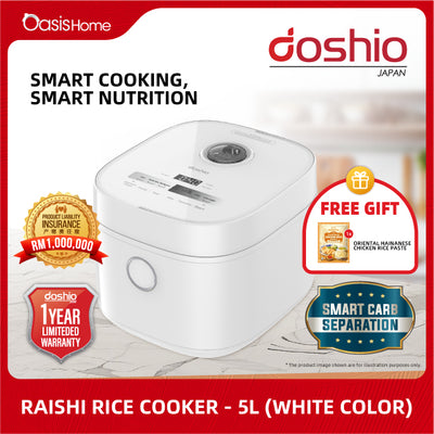 Doshio Raishi Rice Cooker 5L (White) Free Oriental Hainanese Chicken Rice Paste & Oasis Home Non Woven Bag