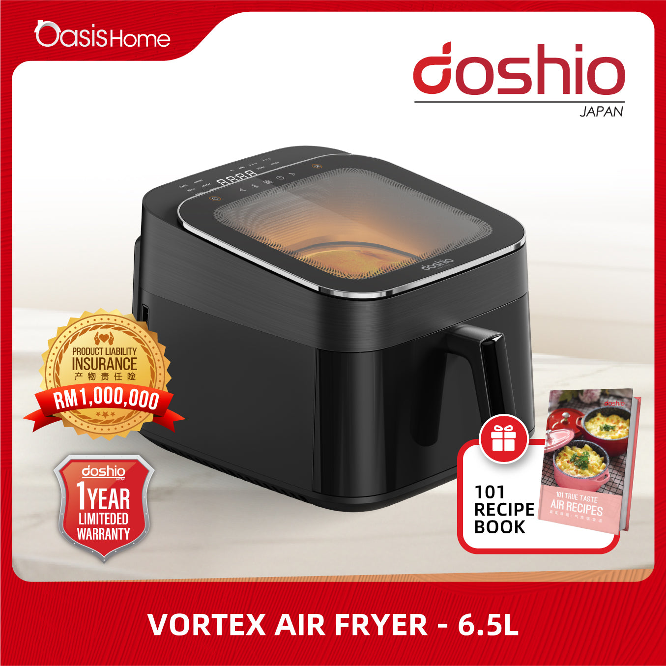 Doshio Vortex Air Fryer 6.5L Free 101 Air Fryer Recipe Book