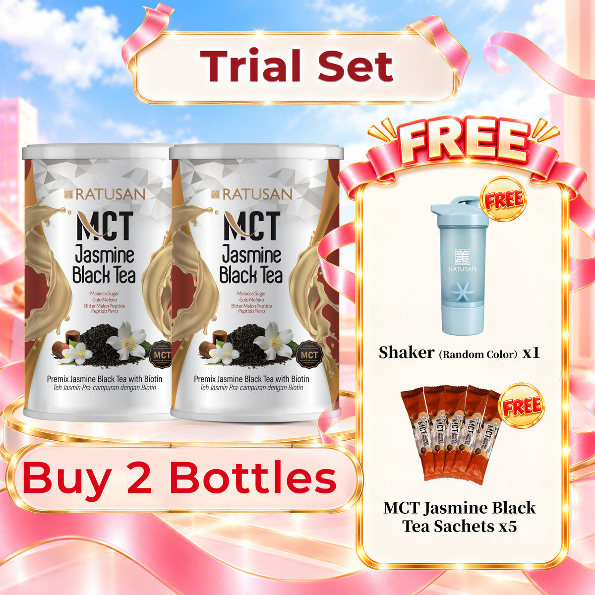 Ratusan MCT Jasmine Black Tea 375g 2 Tins Free Ratusan MCT Jasmine Black Tea Sachet & Ratusan Shaker