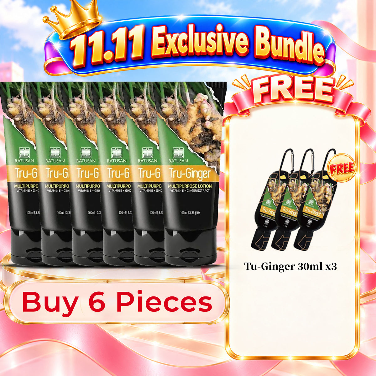 Ratusan Tru-Ginger Lotion 100ml 6 Pcs Free Ratusan Portable Tru Ginger Hanger 3 Pcs