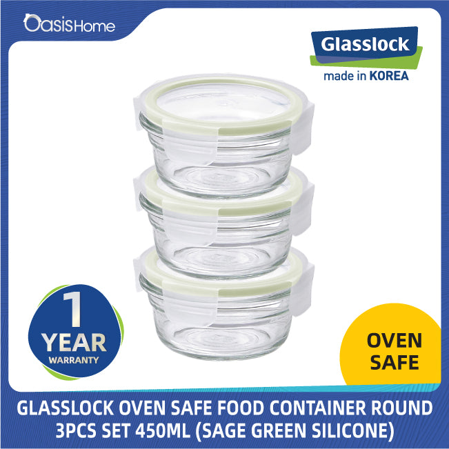 Glasslock Round Oven Safe Food Container 450ml 3pcs Set (Sage Green Silicone)