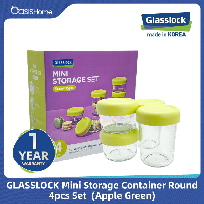 Glasslock Mini Storage Microwave Safe Round Container 4pcs Set (Apple Green)