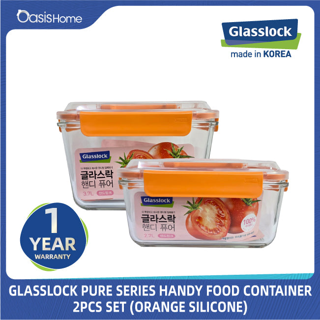 Glasslock Pure Series Rectangular Handy Food Container 2pcs Set (Orange Silicone)