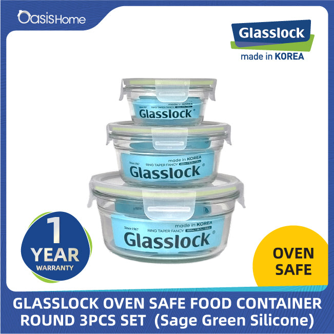 Glasslock Round Oven Safe Food Container 3pcs Set (Sage Green Silicone)