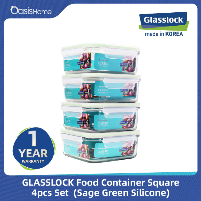 Glasslock Square Food Container 850ml 4pcs Set (Sage Green Silicone)