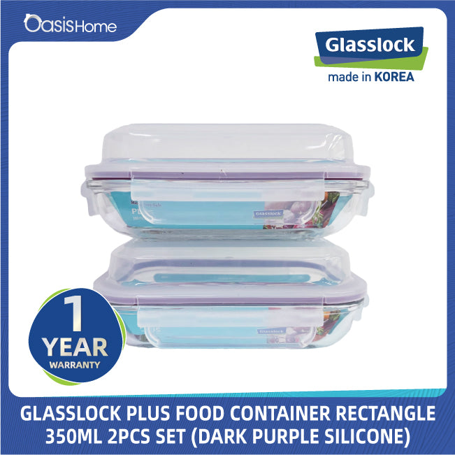 Glasslock Plus Rectangular Microwave Safe Food Container 350ml 2pcs Set (Dark Purple Silicone)