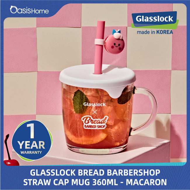 Glasslock Bread Barbershop Home Straw Cap Mug 360ml - Macaron