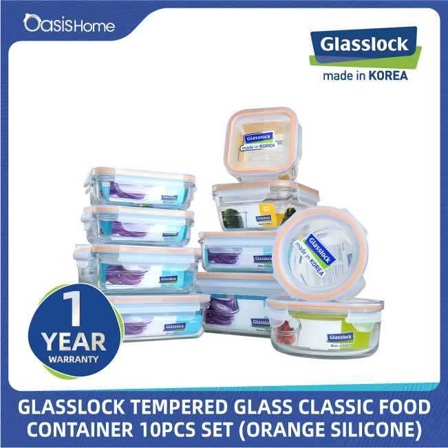 Glasslock Microwave Safe Food Container 10pcs Set (Orange Silicone)