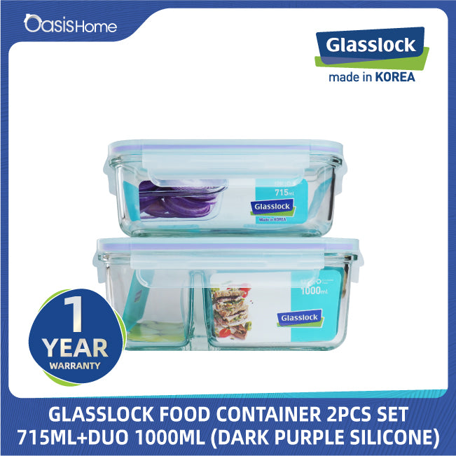 Glasslock Rectangle Food Container 2pcs 715ml & 1000ml (Dark Purple Silicone)