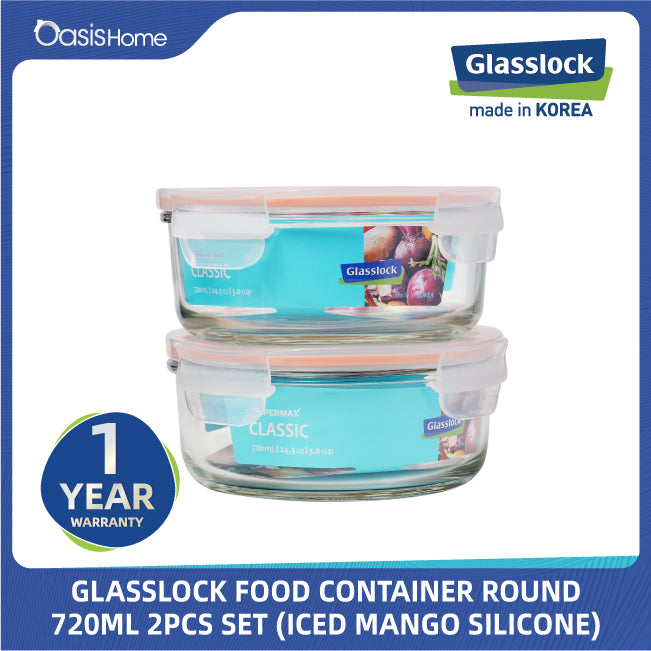 Glasslock Round Food Container 720ml 2pcs Set (Iced Mango Silicone Lid)