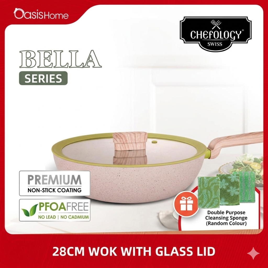 Chefology Bella 28cm Wok with Glass Lid Free Cleaning Sponge