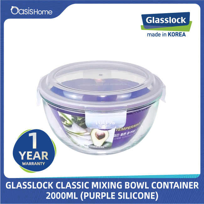Glasslock Round Microwave Safe Mixing Bowl 2000ml (Purple Silicone Lid)