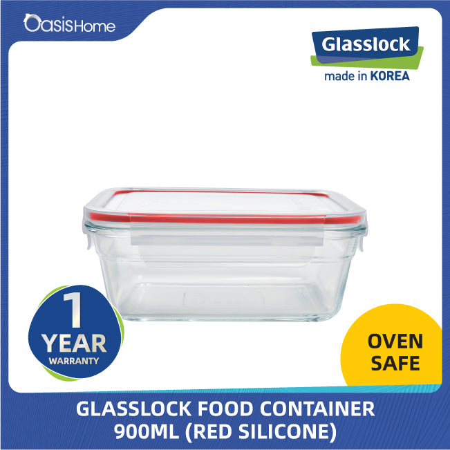 Glasslock Rectangular Oven Safe Food Container 900ml (Red Silicone)