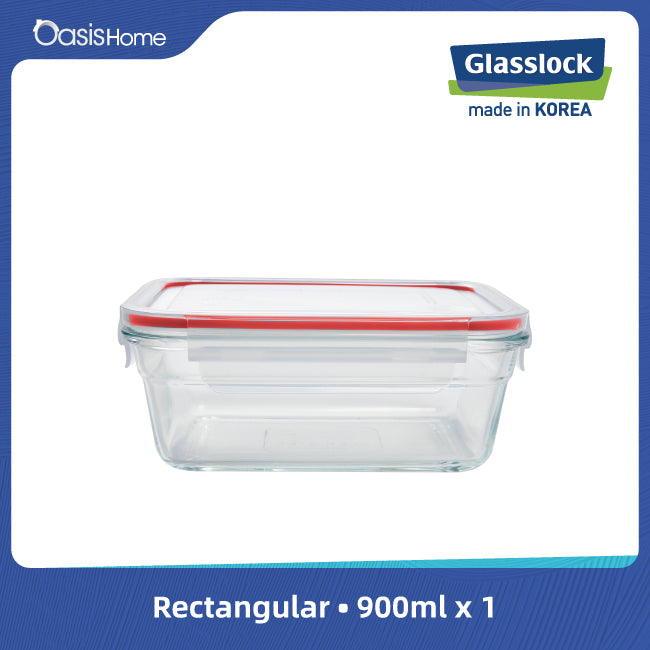 Glasslock Rectangular Oven Safe Food Container 900ml (Red Silicone)