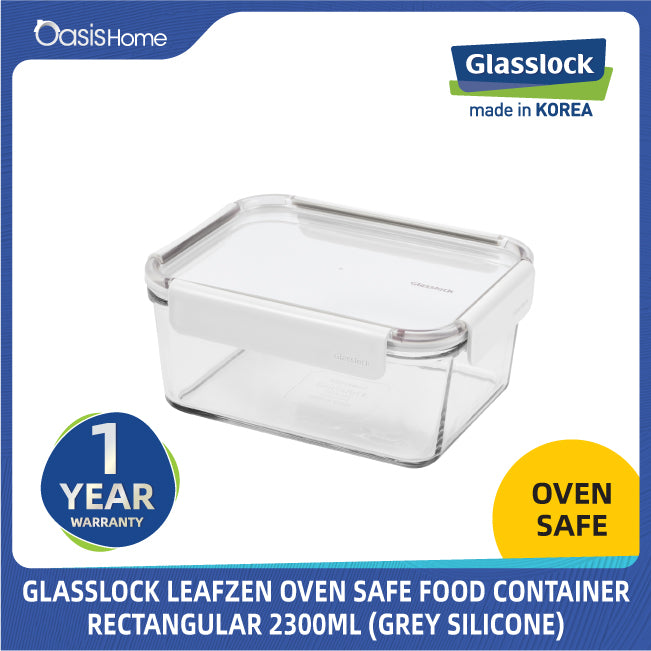 Glasslock Leafzen Rectangular Oven Safe Food Container 2300ml (Grey Silicone)