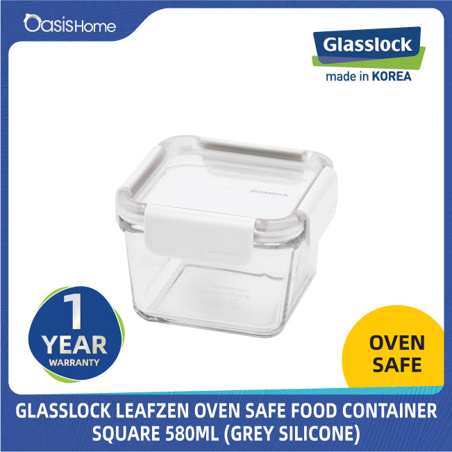 Glasslock Leafzen Square Oven Safe Food Container 580ml (Grey Silicone)