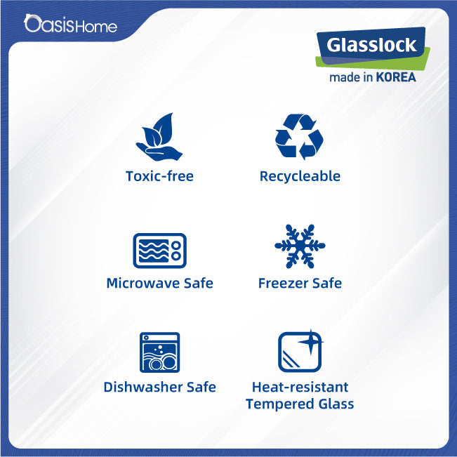 Glasslock Classic Basic Type Rectangular Container 1000ml x2pcs (Purple Silicone Lid) Free Glasslock Double Layer Thermal Lunch Bag (Light Blue)